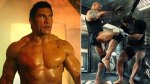 Dwayne the Rock Johnson in his role as Mark Kerr in the movie The Smashing Machine training with UFC fighters