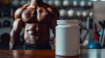 Muscular bodybuilder at the gym walking towards a jug of powder supplements for bigger muscles